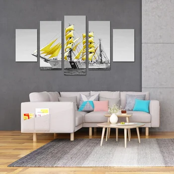 

5 Panels Oil Painting Sailboat on the Sea Frameless Stick Picture Kit Wall Art Painting for Bedroom Living Room Dining Room