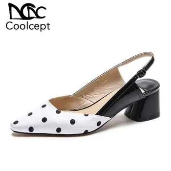 

CoolCept Fashion Pointed Toe Women Sandals Genuine Leather Thick Heels Back Strap Women Daily Leisure Footwear Size 33-43