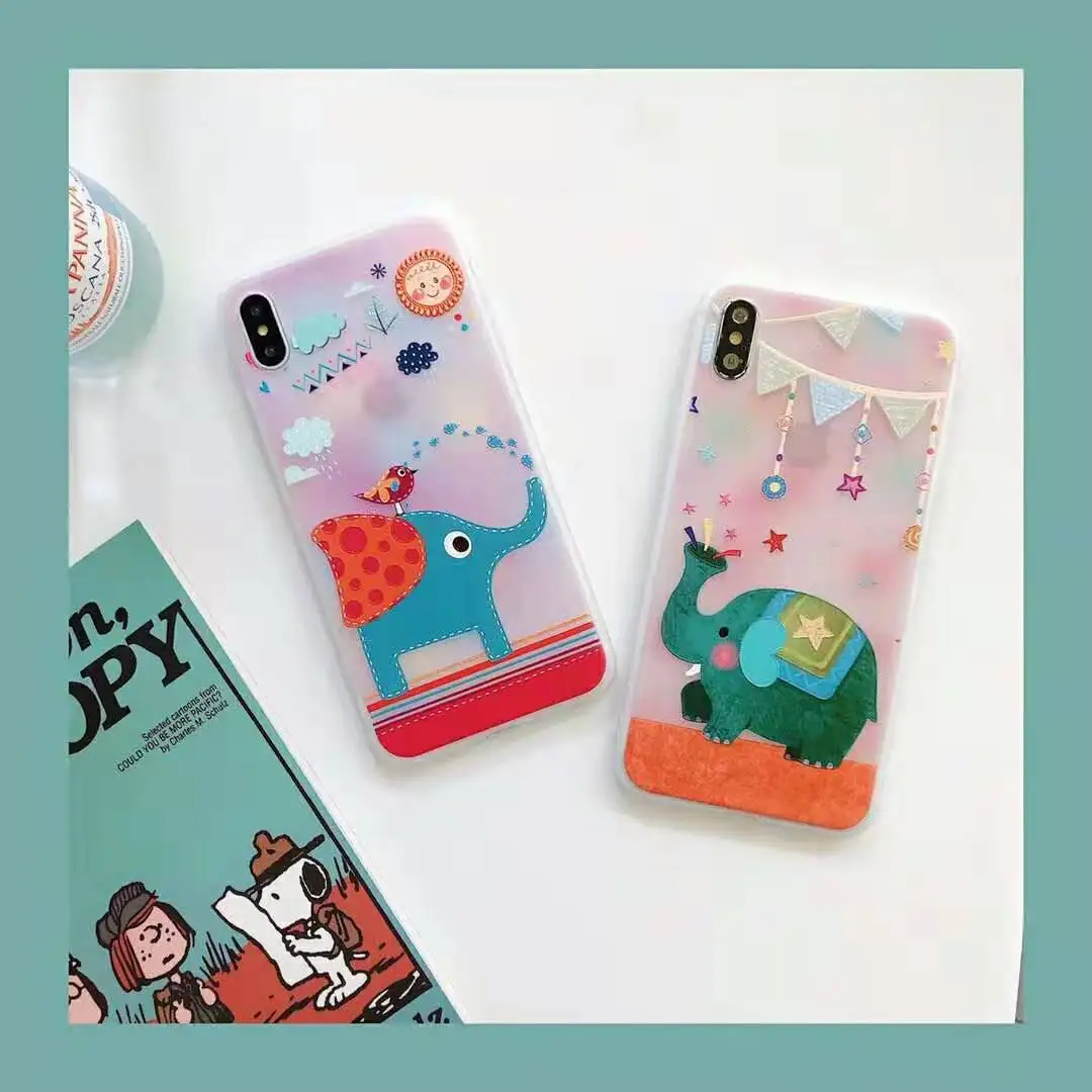 

Cartoon Animal Circus elephant Embossed Translucent Soft TPU Case for iPhone 6 6S 7 8 Plus XR XS MAX Gradient Phone Back Cover
