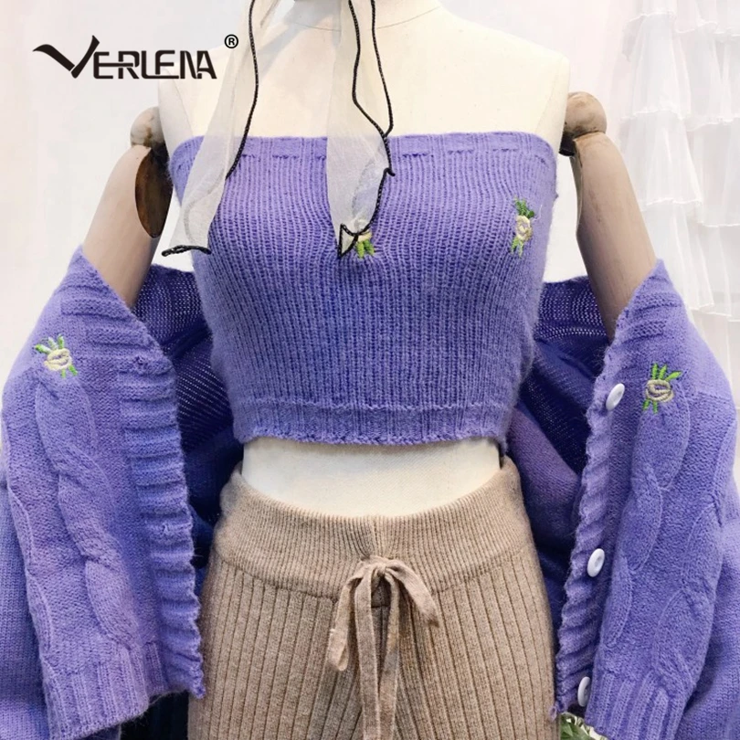 Verlena, комплект из двух предметов, длинный, объемный, рукав, кардиган, женский, с вязаным бюстом, обертка, Цветочная вышивка, кабель, уличная одежда, свитер
