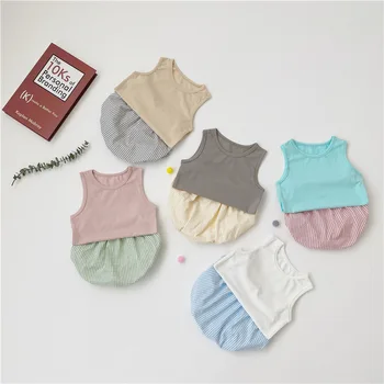 

Summer new baby set infant practical soft solid color vest bread pants two-piece suit newborn baby girl clothes