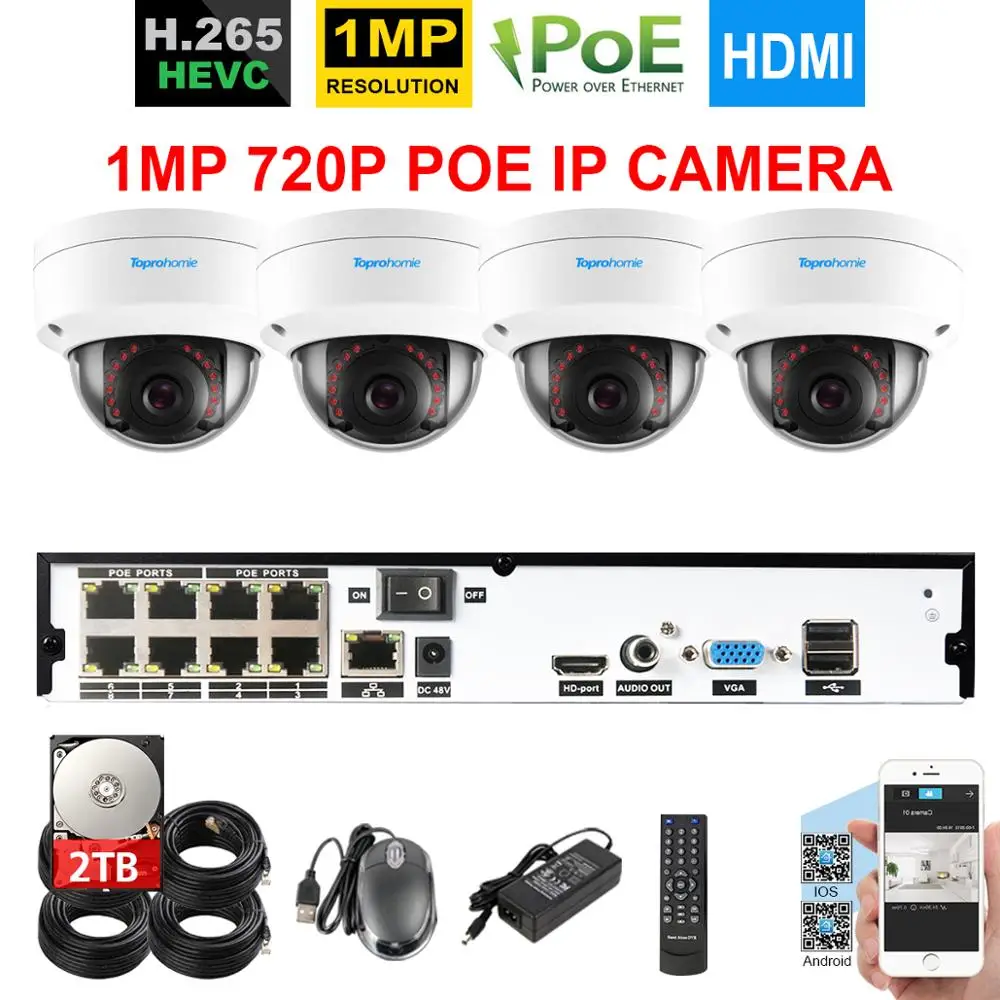 Система видеонаблюдения TOPROHOMIE H.265 + 4 канала POE 48 В 1 МП 720P антивандальная