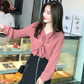 

COIGARSAM Casual Full Sleeve Shirt Womens tops New Spring Chiffon Women shirts White Brick Red 2020