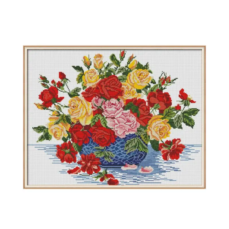 Розы в синей вазе вышивка крестиком алмазная живопись полноразмерная Алмазная