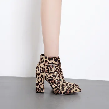 

2019 New Women's High Heels boots Pu Shoes woman Pointed Toe Leopard print Side zipper Leisure Women's Winter boots Size 35-40