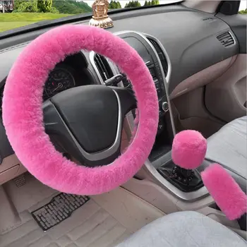 

3Pcs Universal Car Steering Wheel Cover + Handbrake Cover + Car Stop Lever Covers Plush Gear Shift Winter Warm Car Accessories