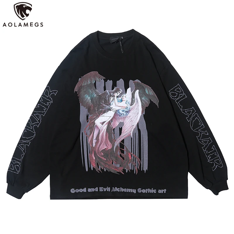 

Aolamegs Men T Shirt Ancient Culture Print Men Long Sleeve T-Shirts Harajuku Casual Cozy All-match High Street Style Streetwear