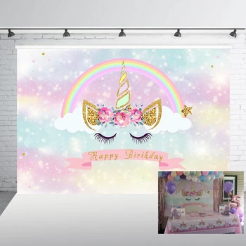 

Unicorn Backdrop for Birthday Party Pink Magic Sky Floral Rainbow Newborn Baby Shower Photography Background Photo Booth W-812