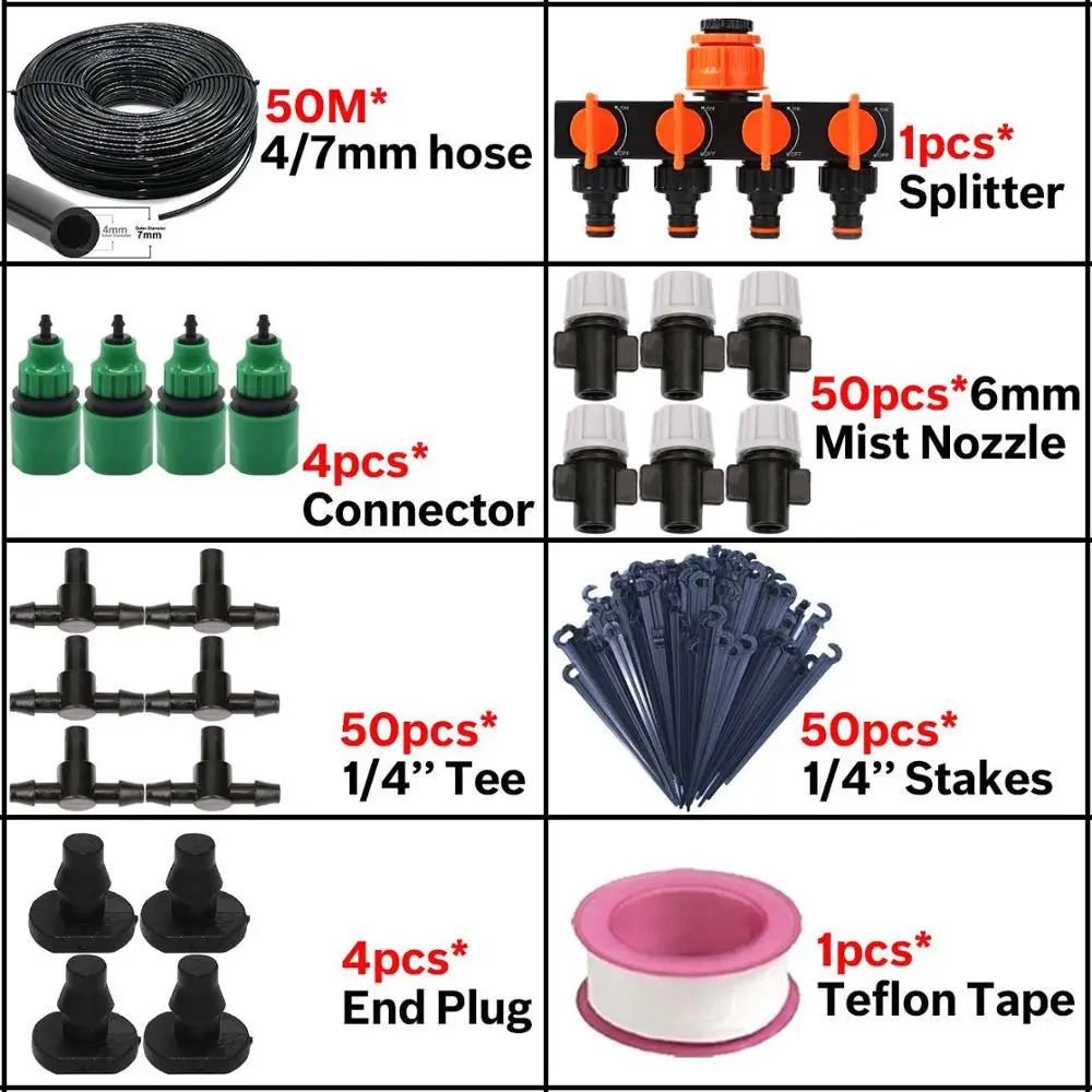KSL01-KIT069-50M-B 5 м/50 м, садовый капельный полив, набор для орошения, система для теплицы с 4/7 мм шлангом, 4-полосный разветвитель, разбрызгиватель, тройник - Цвет: KSL01-KIT069-50M-B