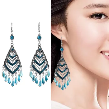 

Europe and America Vintage Multilayer Diamond Set Elegant Earrings Ethnic Top Grade Metal Alloy Earrings Female Long Tassels Ear