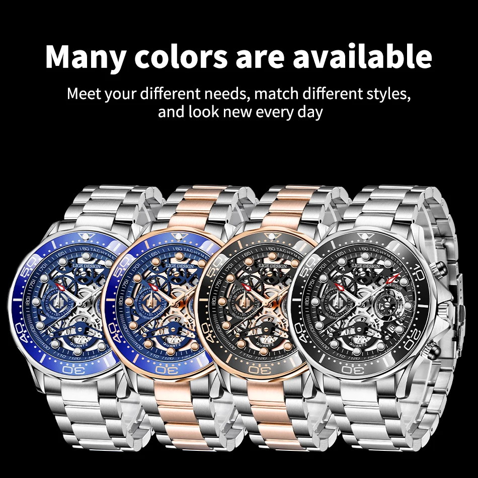 2022 LIGE Luxury Business Watch Men's Automatic Watches For Men Skeleton Hollow Quartz Wristwatches Waterproof Relogio Masculino