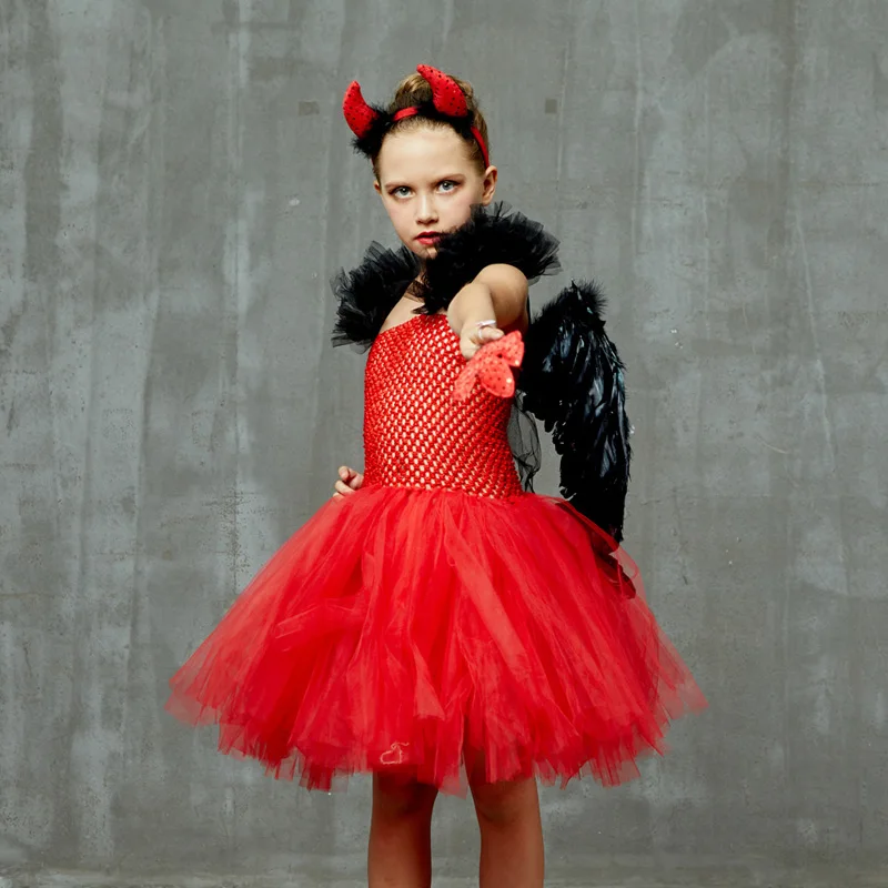 Girls Red Devil Halloween Tutu Dress with Hors Wings Pitchfork Crimson Demon Kids Fancy Dress Up Carnival Party Dress Costume