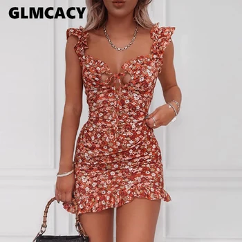 

Floral Ruffle Trim Mini Dress Women Bodycon Mini Dress Bohemian Style Beach Dresses