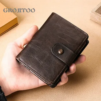 

GROJITOO Crazy Horse cowhide multi-functional men's wallet genuine leather RFID buckle casual wallet Short Purse Card Holder