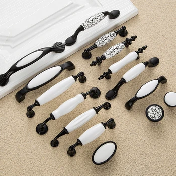 

Black White Door Handles Rural Style Ceramic Drawer Pulls Crackle Kitchen Cabinet Handles and Knobs Furniture Handles