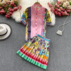Conjunto de camisa de manga corta para mujer, traje informal con estampado de moda y cintura elástica, con un solo pecho y cuello vuelto, verano 2021