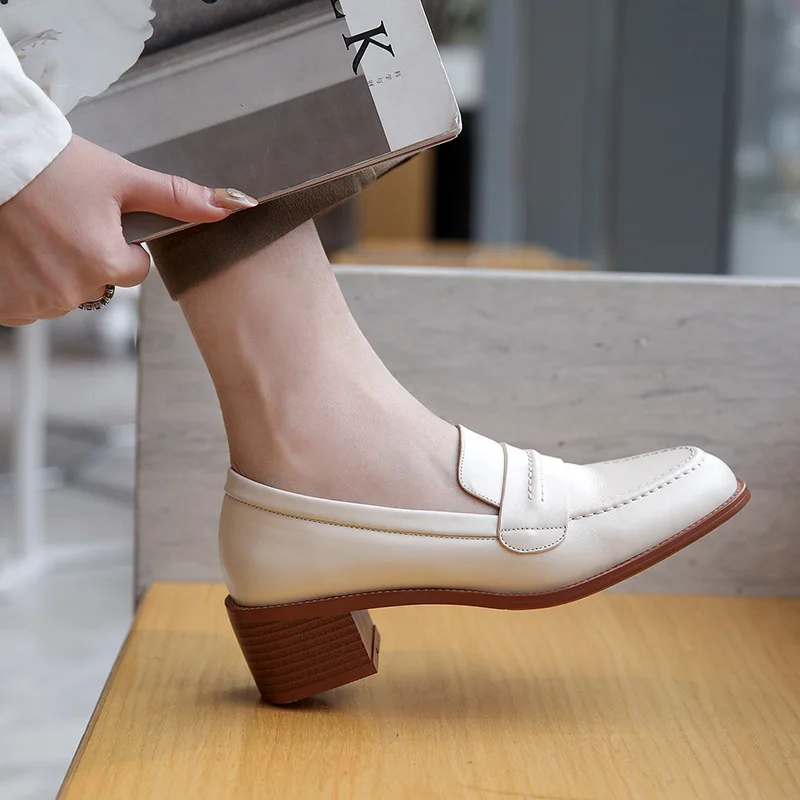 

2020 Spring Loafers Women's Small Leather Shoes Women's Vintage Outer Wear Loafers Semi-high Heeled Chunky-Heel Square Head Mocc