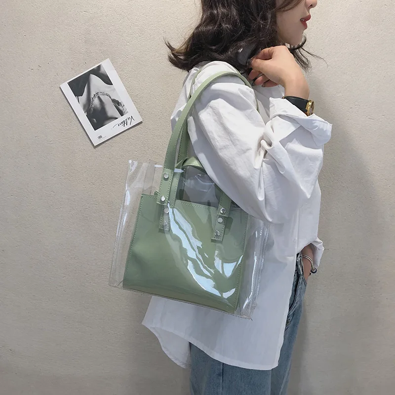 

2019 Summer New Style Europe And America WOMEN'S Bag Transparent Two-Piece Set Different Size Bags Gel Bag Fashion Portable Shou