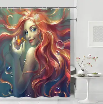 

Waterproof Shower Curtain For Bathroom Funny Mermaid Print Bathtub Curtains Opaque Polyester Bathroom Curtain with 12 pcs hooks