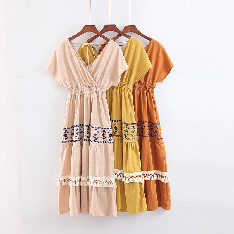 

2019 Western Style Spring And Summer Women's Dress New Style Thailand Holiday Embroidery Tassel Dress
