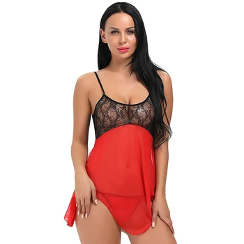 

Women Sexy lingerie Asymmetrical Hem Babydoll Lace stitching Exotic Underwear Translucent Nightie with G String