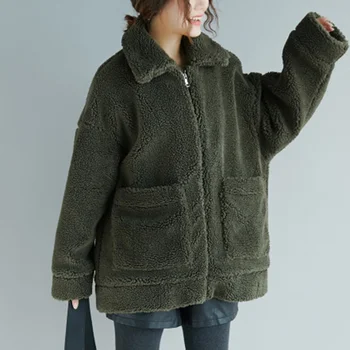 

plus size fur coat for women v-neck turtleneck solid pocket loose thicken warm lady outwear coat tops