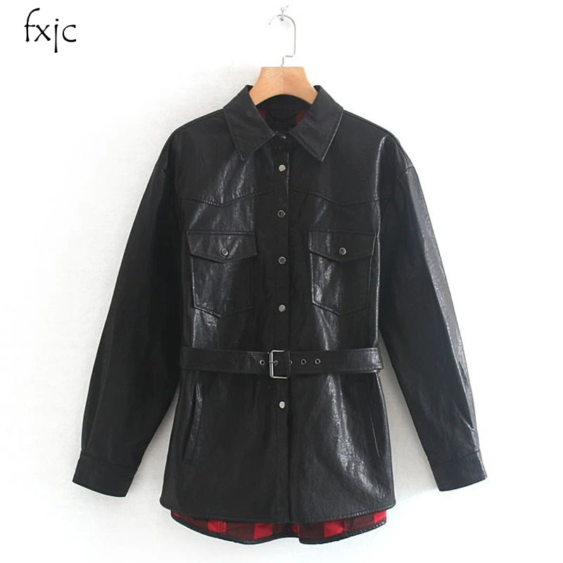 

PU Long Sleeve Lapel Long Sleeve Single-breasted Splicing Belt Women's Jacket New Fashion Pocket Chic Black Female Coat Tops