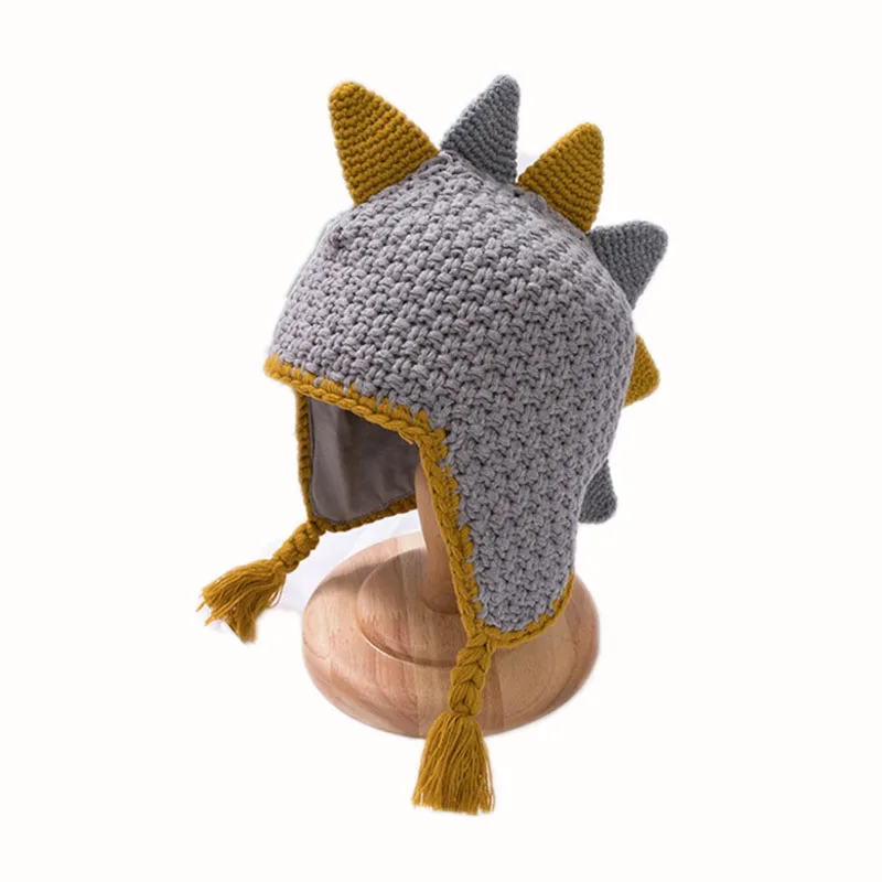 Grey Новые зимние теплые вязаные шапки с динозавром из мультфильма, шапки для мальчиков и девочек, хлопковые шапочки с ушками, Детские уличные шапки, От 0 до 6 лет - Цвет: Grey