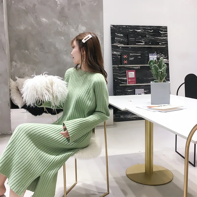 SuperAen Harajuku модное женское трикотажное платье в Корейском стиле, однотонное, осень и весна, женское платье, новая женская одежда - Цвет: green
