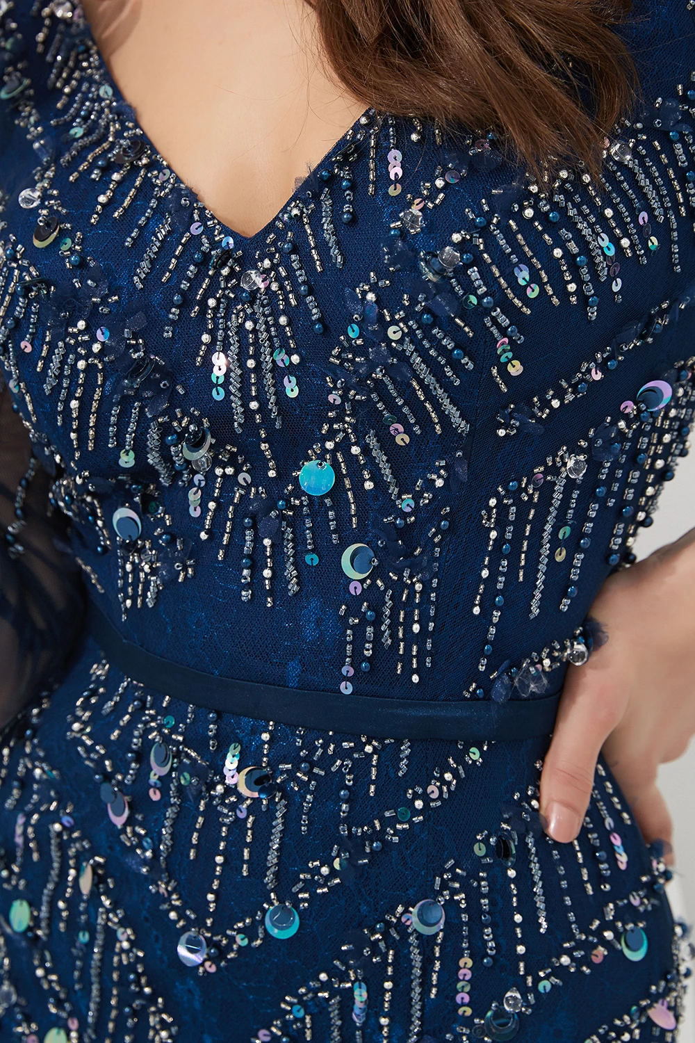 Темно-синие вечерние платья Длинные Русалка v-образным вырезом кружева блестками бисером с длинным рукавом вечернее платье Robe de Soiree