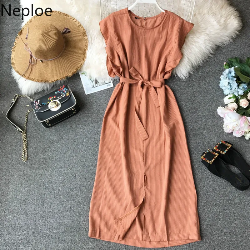 Neploe Korean Summer Irregular Slim Fit Girls Dresses Solid Lace Up Empire Vestidos Elegant Temperament Party cotton Dress 45598