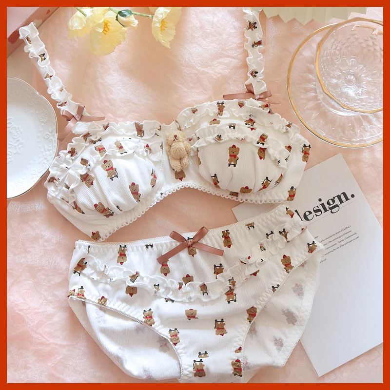 sexy underwear sets Women Cotton Lingerie Girls Bra Panties Set Thin Breathable Soft Japanese Lolita Cute Cartoon Teddy Bear Underwear Wire Free Bra bra and knicker sets