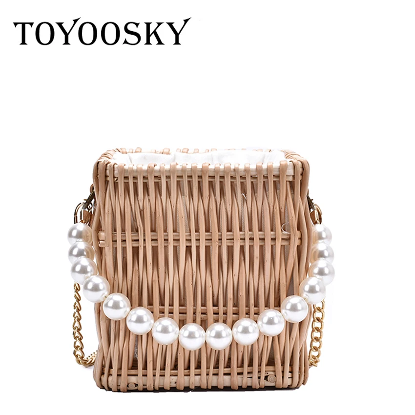TOYOOSKY Pearl Handle Woven Tote Bag 2020 Summer New High-quality Straw Women's Designer Handbag Rattan Basket Shoulder Bag