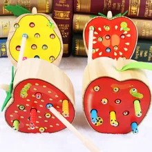 Jouets éducatifs Montessori en bois 3D pour bébés, jeu de pêche en forme de fraise magnétique, de pommier, de ver, couleur, cognitif