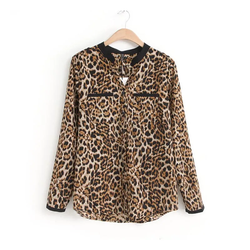 Блузка Женская Сексуальная Повседневная модная новинка Женская леопардовая шифоновая рубашка с длинным рукавом облегающие повседневные блузки женская одежда#20 - Цвет: A