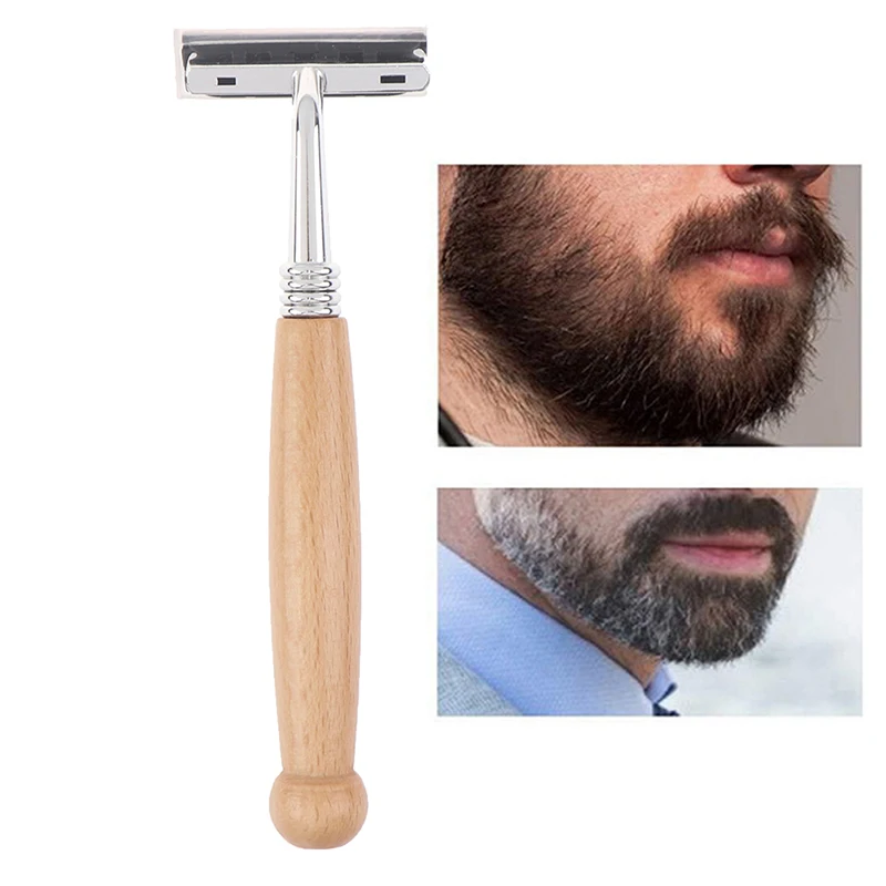 New 1pcs Wood Handle Razor Non-Disposable Stainless Steel Razor Replaceable Razor Head Retro Beard Knife Men Shaving
