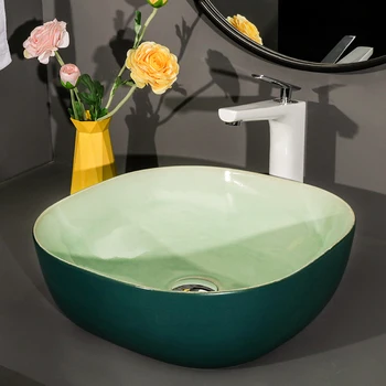

Bathroom Sink Counter Basin Ceramic Wash Basin Household Basin Sink Round Lavabo with Faucet Toilet Sink Green Shampoo Basin