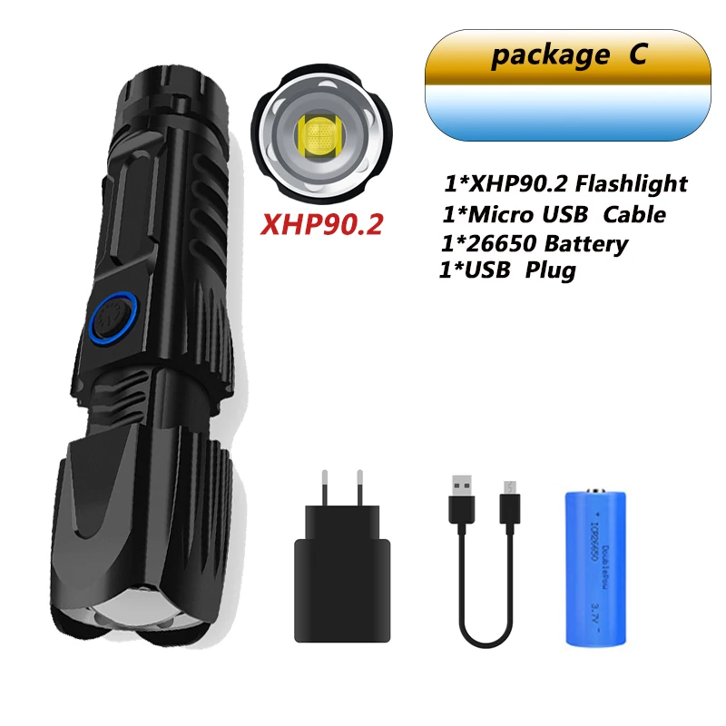 Самый мощный светодиодный фонарь XHP90.2 XLamp, тактический Водонепроницаемый фонарь, умный чип с управлением, конус с подзарядкой от USB - Испускаемый цвет: Package  C
