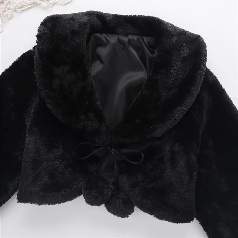 Winter Baby Girls Birthday Faux Fur Long Sleeve Coat With 2 Ribbons Pompon for Flower Girls Dress Jacket Kids Wedding Party Wrap
