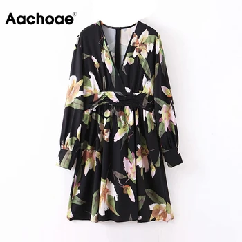 Aachoae-Vestido largo holgado con estampado Floral para Mujer, vestido clásico con cuello de pico y manga larga, plisados, estilo bohemio, para playa, 2020