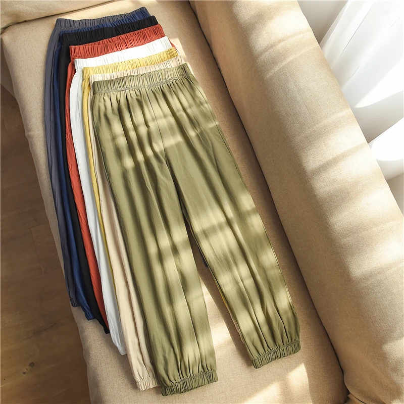 

Summer Women Lady Loose Casual Pants Cotton Linen Nine Pants Elastic Waist Vintage Trousers Harem Pants