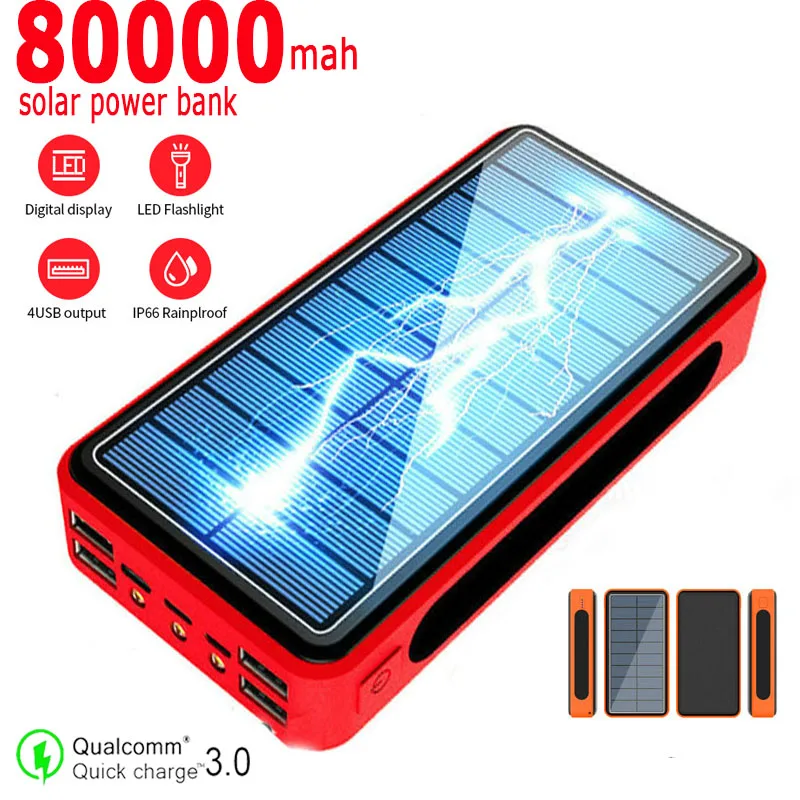 Солнечная энергия банк 80000mAh большой емкости портативная банка мощности 4USB