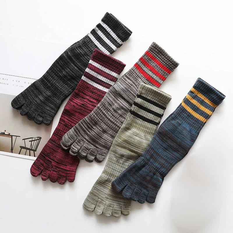 5 Pairs Large Colorful Compression Sport Toe Socks Men's Cotton Striped Long Harajuku 5 Finger Socks with Toes Male Fashions