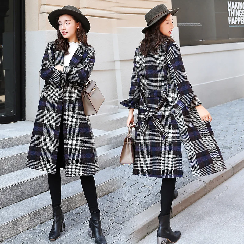 

2018 Autumn And Winter New Style Korean-style WOMEN'S Wear Plaid Woolen Mid-length Overcoat WOMEN'S Coat