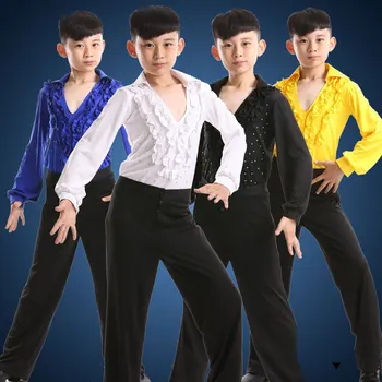 

Boy Latin Dancewear Ruffly Blue White Black Ballroom Stage Modern Long-sleeved Dance Latin Dance Costumes Clothes Top And Pant