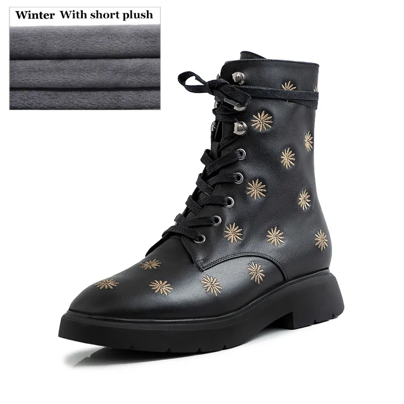 Black With Plush Xiuningyan/Модные женские Ботинки martin; ботильоны из натуральной кожи на шнуровке с вышивкой; классическая женская обувь ручной работы из мягкой кожи; - Цвет: Black With Plush
