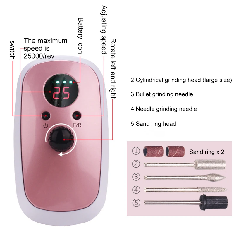 25000 об/мин Электрический сверлильный станок для ногтей аккумуляторная мельница резак для маникюра педикюра сверла для ногтей пилка инструменты для дизайна ногтей комплект