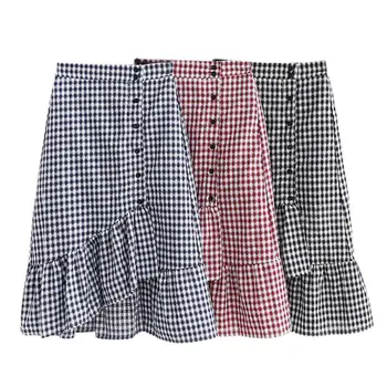 

2019 Women Skirt Vintage Literary Style Elastic High Waist Thin Ruffled Irregular Plaid Print Wild Long Paragraph Skirt