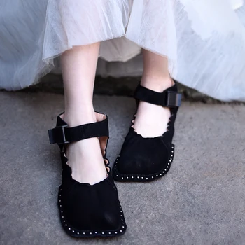 

Artmu Origional Retro Square Toe Women's Shoes Closed-toe Sandals Genuine Leather Handmade A- line Flat Sole Sandals 0773