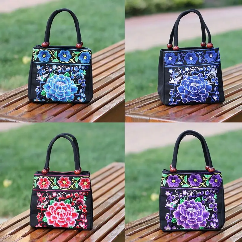 

Vintage Embroidery Canvas Women Handbag Flower Embroidered Totes Travel Beach Top Handle Bag